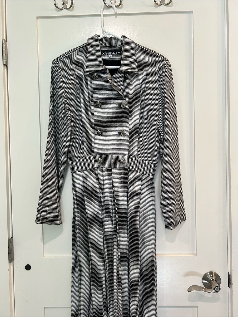 Vintage 80s Bonnie Marx Houndstooth Double Breasted Maxi Dress Size 8